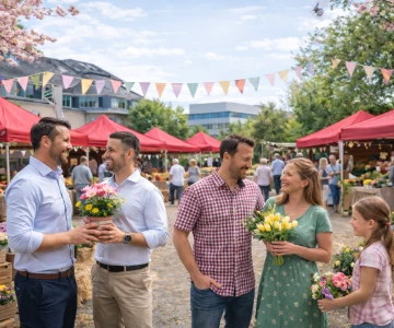 Personen unterhalten sich auf einem Firmen-Frühlingsmarkt