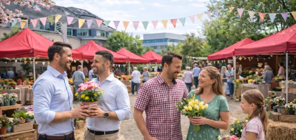 Personen unterhalten sich auf einem Firmen-Frühlingsmarkt