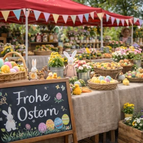 Marktstand mit Osterneiern und Frühlings Dekoration