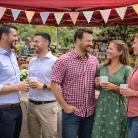 Personen vor einem dekorierten Marktstand