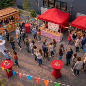 Ansicht von oben auf einen Firmen-Jahrmarkt