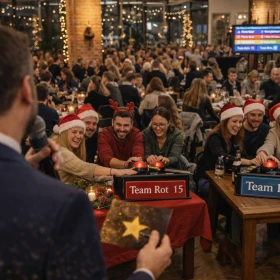 Perspektive des Moderators auf das Eventgeschehen: Im Vordergrund steht der Quizmaster mit Mikrofon, während sich vor ihm mehrere Teams an Tischen gegenüber sitzen und konzentriert sowie gut gelaunt am Spiel teilnehmen. Die unterschiedlichen Gruppen, beleuchtete Dekorationen und der große Raum voller Gäste vermitteln die Dynamik und Größe der Quizshow-Weihnachtsfeier.