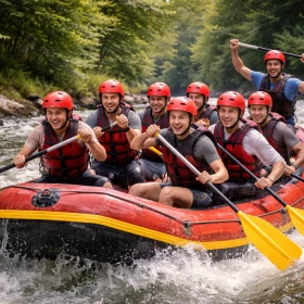 Ein Team paddelt kraftvoll durch spritzendes Wildwasser und erlebt ein spannendes Rafting Abenteuer als Firmenausflug. Die Aufnahme betont Action, Kooperation und den Spaßfaktor eines Outdoor Teambuilding Events.