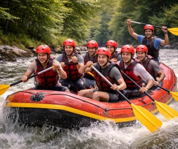 Ein Team paddelt kraftvoll durch spritzendes Wildwasser und erlebt ein spannendes Rafting Abenteuer als Firmenausflug. Die Aufnahme betont Action, Kooperation und den Spaßfaktor eines Outdoor Teambuilding Events.