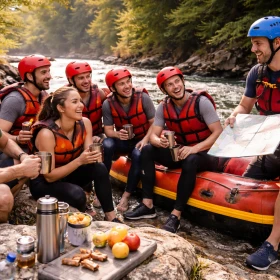 Während einer Pause beim Rafting sitzt das Team entspannt zusammen und lauscht den Anweisungen des Guides. Die Szene zeigt die Kombination aus Abenteuer, Sicherheit und Teamkommunikation bei einem professionellen Firmenevent.