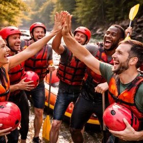 Ein Team feiert nach erfolgreichem Rafting mit High-Fives und strahlenden Gesichtern am Flussufer. Dieses Bild steht für Motivation, Zusammenhalt und den Erfolg eines gelungenen Teambuilding Events.