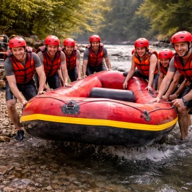 Gemeinsam lässt ein motiviertes Team ein Schlauchboot ins Wasser und bereitet sich auf das Rafting Teamevent vor. Im Hintergrund ist ein Bootswagen zu sehen, der die professionelle Organisation des Firmenevents unterstreicht.