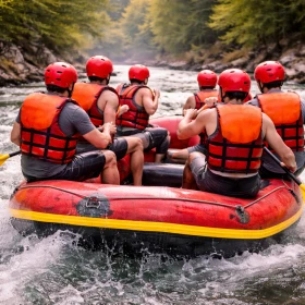 Aus der Perspektive hinter dem Boot paddelt ein Team synchron durch wilde Stromschnellen bei einem Rafting Event für Firmen. Die Szene vermittelt Dynamik, Zusammenarbeit und die intensive Erfahrung eines Outdoor Teambuilding Abenteuers.