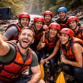 Ein Team von Mitarbeitern macht ein fröhliches Selfie nach einem actionreichen Rafting Firmenevent am Flussufer. Die lachenden Gesichter und die Outdoor-Kulisse zeigen perfekt den Teamgeist und das gemeinsame Erlebnis beim Teambuilding Rafting.