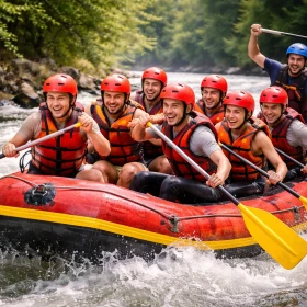 Ein motiviertes Team paddelt gemeinsam durch spritzendes Wildwasser und erlebt ein actionreiches Rafting Firmenevent. Die lachenden Gesichter und die dynamische Bewegung zeigen perfekt den Teamgeist und die Energie eines Outdoor-Teambuildings.