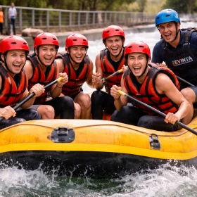 Ein Team sitzt in einem Schlauchboot in einer Wildwasseranlage, begleitet von einem Guide im dunkelblauen Shirt mit EVINTA-Logo. Die Kombination aus professioneller Anleitung und sichtbarer Begeisterung macht das Bild ideal für ein strukturiertes Teambuilding-Erlebnis.