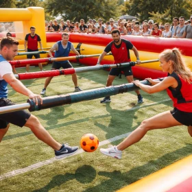 zwei Personen kämpfen um den Ball beim Human Table Soccer