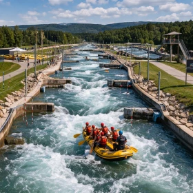 Weitwinkelaufnahme einer modernen Wildwasseranlage mit einem Rafting-Team im Boot, das durch die künstlichen Stromschnellen fährt. Die gesamte Anlage mit Wegen, Zuschauern und EVINTA Branding unterstreicht den professionellen Rahmen eines organisierten Firmenevents.