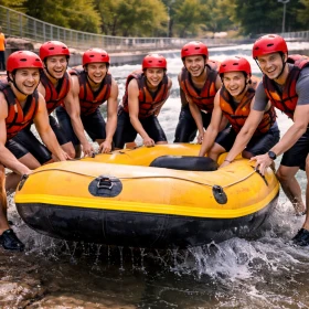 Ein motiviertes Team lässt gemeinsam ein Rafting-Boot ins Wasser und startet voller Energie in ein actionreiches Rafting Firmenevent. Die Szene zeigt Teamwork, Koordination und den perfekten Beginn eines Outdoor-Teambuildings im Wildwasser.