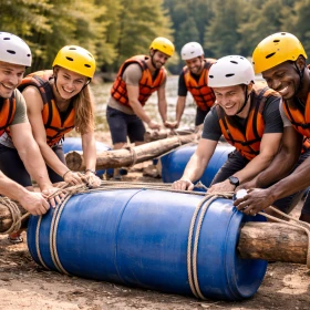 Floßbau als aktives Teambuilding-Event in der Natur, bei dem Teams gemeinsam ein tragfähiges Floß konstruieren. Dieses Outdoor-Firmenevent stärkt Zusammenarbeit, Problemlösung und Teamgeist nachhaltig.
