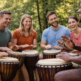 Trommelworkshop als kreatives Teambuilding für Firmenevents, bei dem Teilnehmer gemeinsam Rhythmus und Dynamik erleben. Dieses interaktive Gruppenevent stärkt Kommunikation, Teamgefühl und Motivation.