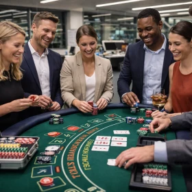 Mobiles Casino als exklusives Firmenevent im Büro mit professionellen Spieltischen und echter Casino-Atmosphäre. Dieses Teambuilding-Event sorgt für Unterhaltung, Networking und ein unvergessliches Erlebnis für Mitarbeiter.