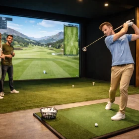 Person spielt indoor Golf über eienen Simulator