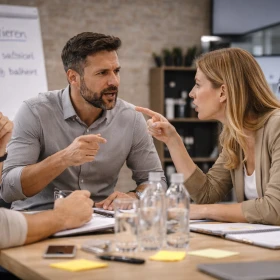 Intensives Streitgespräch im Rhetorikkurs: Zwei Teilnehmer üben in einer realistischen Business-Situation überzeugende Argumentation und souveräne Kommunikation. Dieses praxisnahe Kommunikationstraining stärkt Konfliktlösung, Schlagfertigkeit und sicheres Auftreten im Berufsalltag.