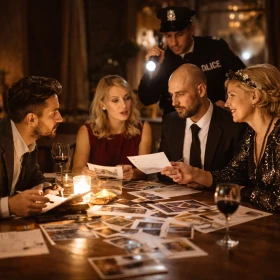 Vier Personen sitzen zusammen und besprechen Hinweise zu einem Fall. Ein Polizist im Hintergrund sorgt für eine spannende, krimiartige Atmosphäre.