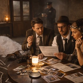 Drei Personen untersuchen gemeinsam Hinweise an einem Tisch. Im Hintergrund liegt ein Tatort, der die Szene spannungsvoll wirken lässt.