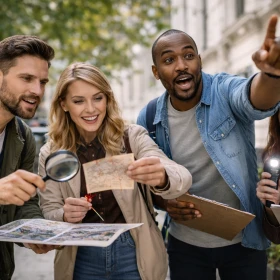 Vier Teilnehmer analysieren gemeinsam eine Karte und Hinweise, während einer auf eine mögliche Spur zeigt. Die Gruppe wirkt motiviert und voller Entdeckergeist.
