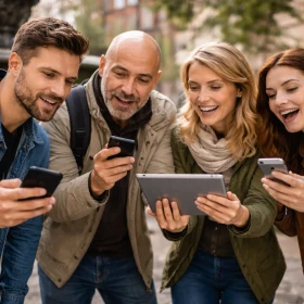 Vier Teilnehmer stehen draußen zusammen und schauen begeistert auf ein Tablet und ihre Smartphones. Sie wirken konzentriert und gleichzeitig erfreut über einen gefundenen Hinweis.