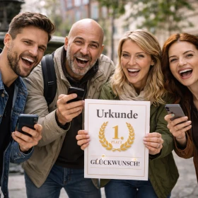Vier Teilnehmer feiern ausgelassen ihren Sieg und halten eine Urkunde für den ersten Platz in die Kamera. Die Stimmung ist euphorisch, alle lachen und jubeln.
