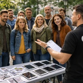 Ein Guide gibt einer Gruppe von Teilnehmern im Freien eine Einweisung, während vor ihnen Tablets und Unterlagen auf einem Tisch liegen. Die Gruppe hört aufmerksam zu und wirkt gespannt auf das kommende Event.