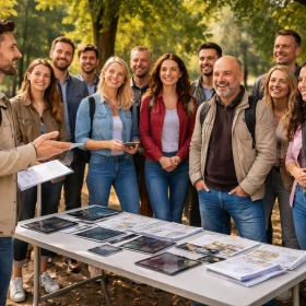 Eine Gruppe von Teilnehmern steht im Freien um einen Tisch mit Tablets und Unterlagen, während ein Guide ihnen eine Einweisung gibt. Die Stimmung ist freundlich und aufmerksam, alle hören interessiert zu.