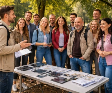 Eine Gruppe von Teilnehmern steht im Freien um einen Tisch mit Tablets und Unterlagen, während ein Guide ihnen eine Einweisung gibt. Die Stimmung ist freundlich und aufmerksam, alle hören interessiert zu.