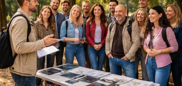 Eine Gruppe von Teilnehmern steht im Freien um einen Tisch mit Tablets und Unterlagen, während ein Guide ihnen eine Einweisung gibt. Die Stimmung ist freundlich und aufmerksam, alle hören interessiert zu.