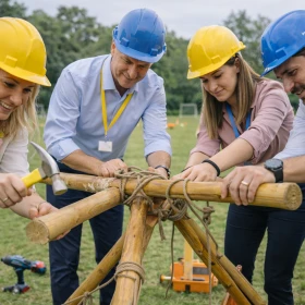 Vier Personen bauen gemeinsam ein Katapult aus Bambusröhren und Seilen