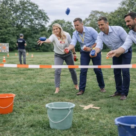 Outdoorspiele auf einer Wiese bei einem Business Teamevent