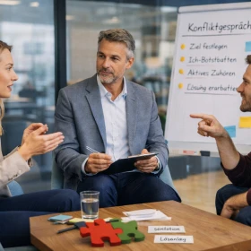 Drei Personen sitzen an einem Tisch und diskutieren