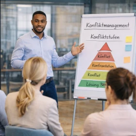 Vortrag zum Konfliktmanagement, Referent erklärt die verschiedenen Konfliktstufen
