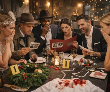 Krimidinner, Personen sind verkleidet und rätseln gemeinsam an einem Kriminalfall