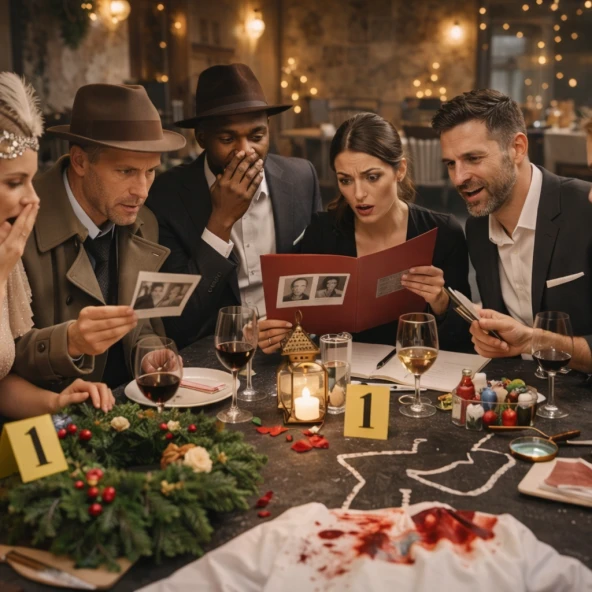 Krimidinner, Personen sind verkleidet und rätseln gemeinsam an einem Kriminalfall