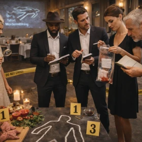 Firmenevent, Personen untersuchen gemeinsam den Tatort um das Krimidinner zu lösen