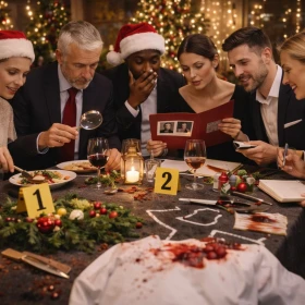 Krimdinner zu Weihnachten, verschiedene Hinweise auf einem Tisch, Gruppe versucht Kriminalfall zu lösen