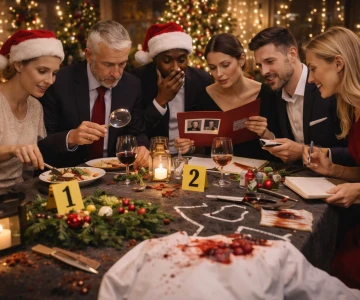 Krimdinner zu Weihnachten, verschiedene Hinweise auf einem Tisch, Gruppe versucht Kriminalfall zu lösen