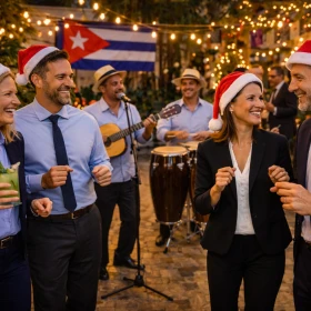 Businessevent, kubanische Feier, Menschen mit Business-Kleidung tragen Weihnachtsmützen und Feier mit einer Live-Band