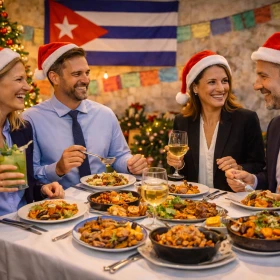Businessleute sitzen an einem Tisch bei einem Essen zu einer kubanischen Weihnachtsfeier