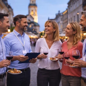 Kulinarische Stadtführung mit einer Gruppe von Business Menschen, Weinverkostung und kleine Häppchen