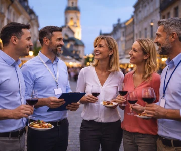 Kulinarische Stadtführung mit einer Gruppe von Business Menschen, Weinverkostung und kleine Häppchen