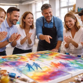 6 Personen haben gemeinsam ein Kunstwerk geschaffen, 6 kleine Leinwände werden zu einem großen Bild zusammengesetzt