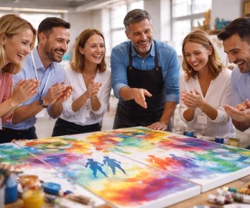 6 Personen haben gemeinsam ein Kunstwerk geschaffen, 6 kleine Leinwände werden zu einem großen Bild zusammengesetzt