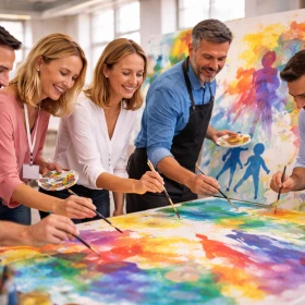 gemeinsames Malen einer Leinwand bei einem Kunstevent als Firmenevent