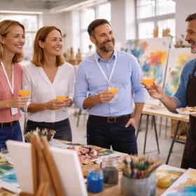 Begrüßung zum Kunstevent mit Sektempfang, Leinwände im Hintergrund, Kunstatelier