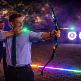 Businessmann hält einen Bogen mit bunten LED-Lichtern, Pfeil ist eingespannt, Im Hintergrund beleuchtete Zielscheiben